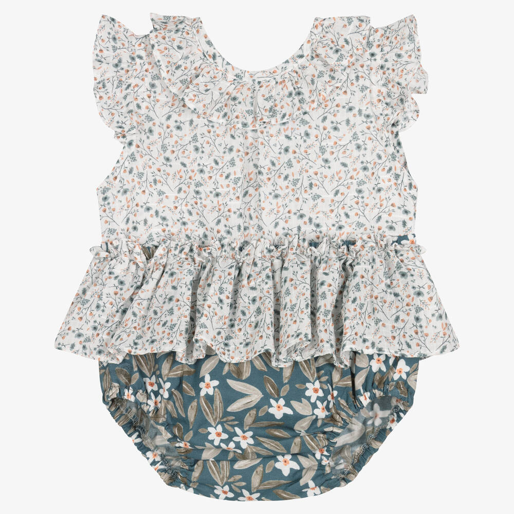 Paloma de la O - Ensemble short bleu blanc à fleurs | Childrensalon