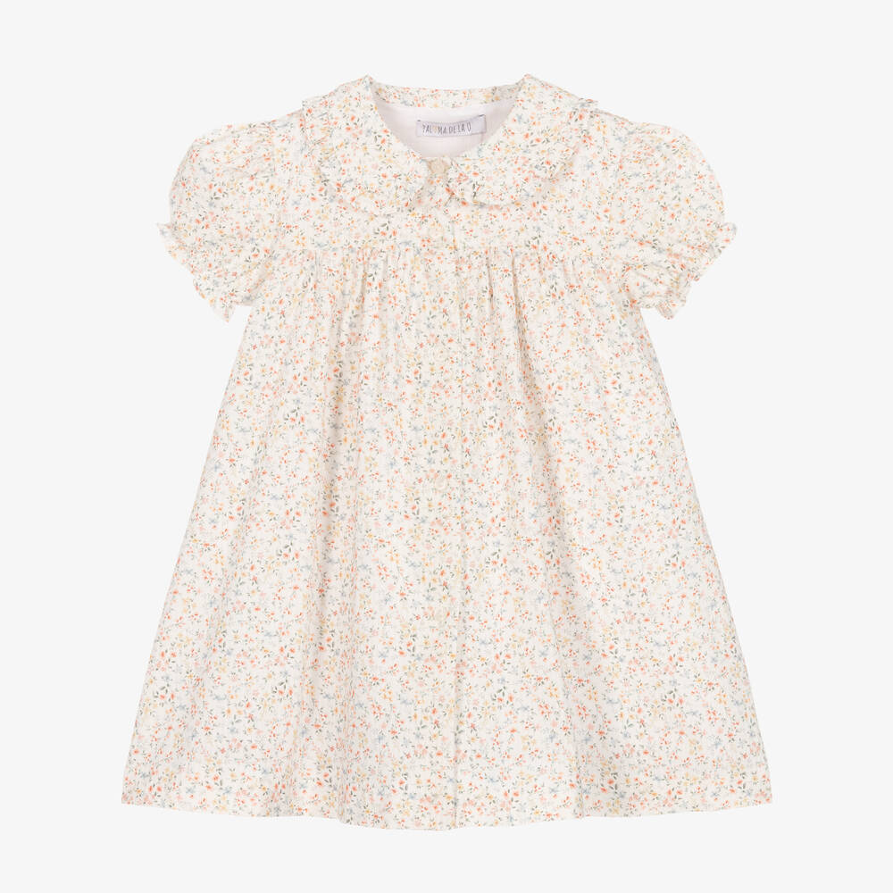Paloma de la O - Girls White Cotton Floral Dress  | Childrensalon