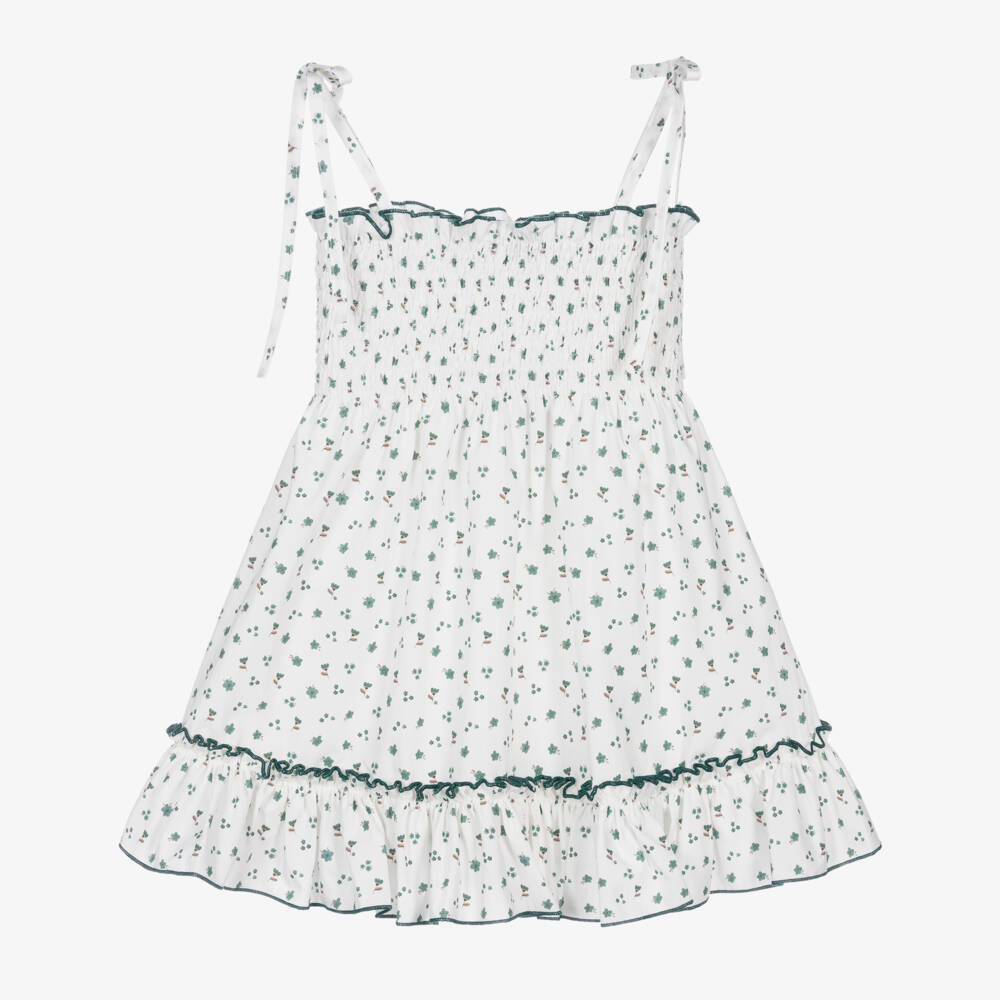 Paloma de la O-Girls White & Green Cotton Floral Dress | Childrensalon Outlet