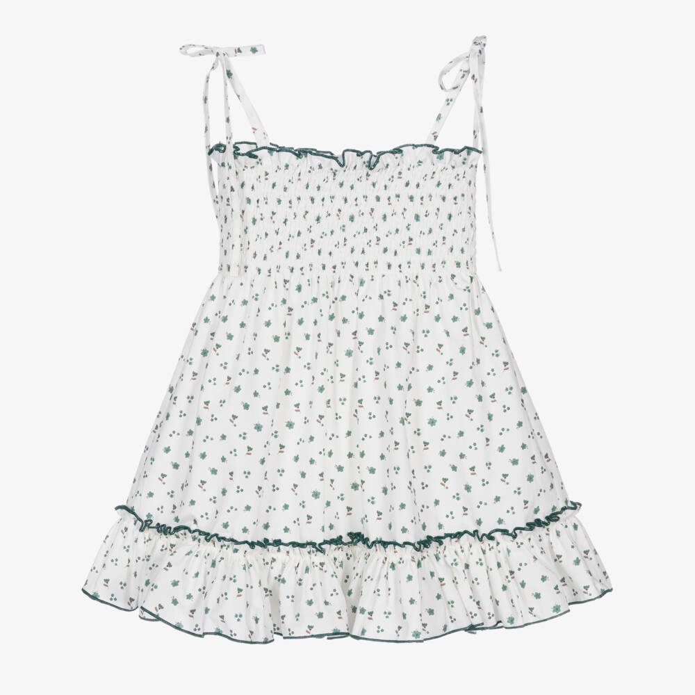 Paloma de la O-Girls White & Green Cotton Floral Dress | Childrensalon Outlet