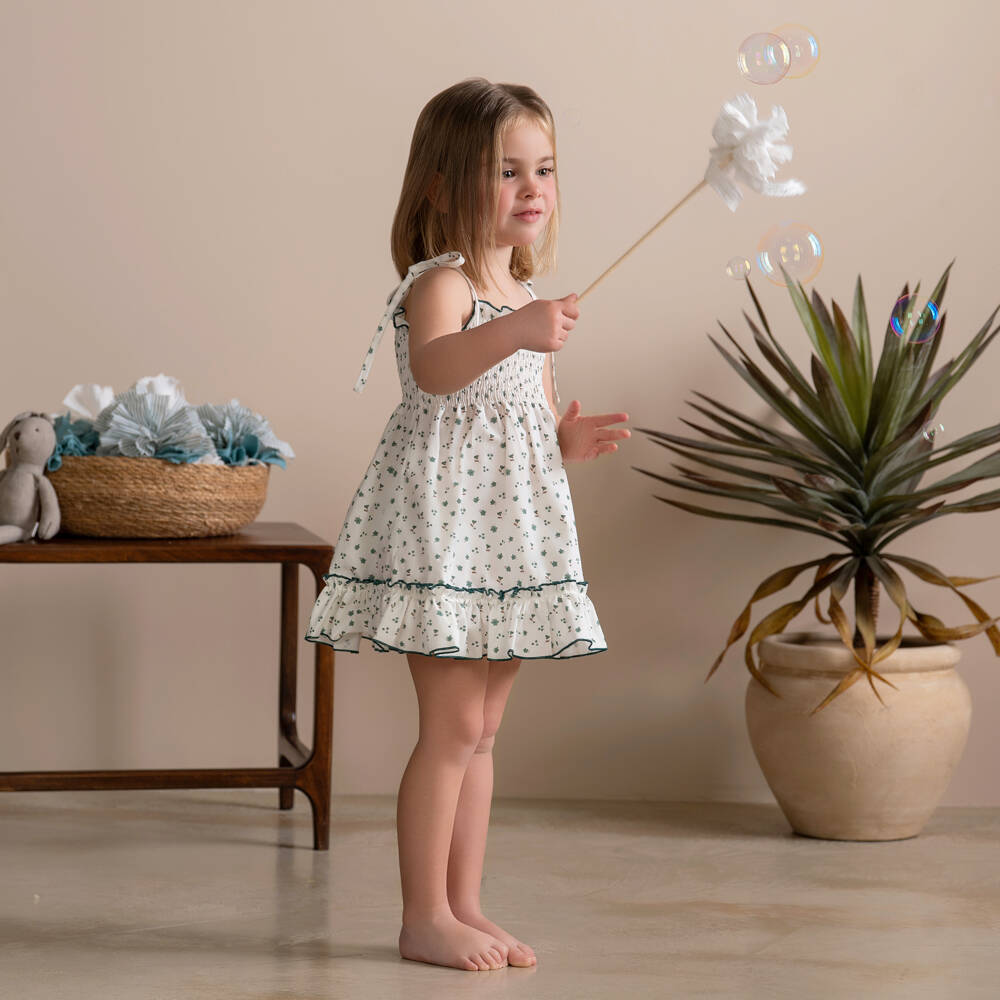 Paloma de la O-Girls White & Green Cotton Floral Dress | Childrensalon Outlet