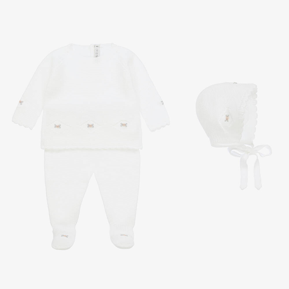 Paloma de la O - Girls White Knitted 2 Piece Babygrow Set | Childrensalon