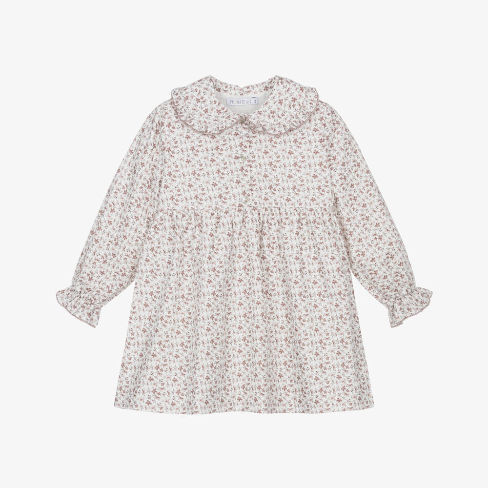 Paloma de la O-Girls White & Pink Floral Cotton Dress with Ruffle Collar | Childrensalon Outlet