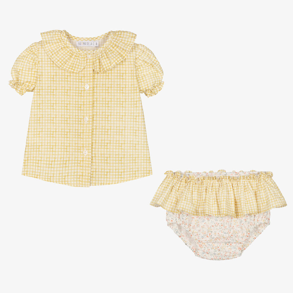 Paloma de la O-طقم شورت قطن كاروهات لون أصفر وأبيض | Childrensalon Outlet