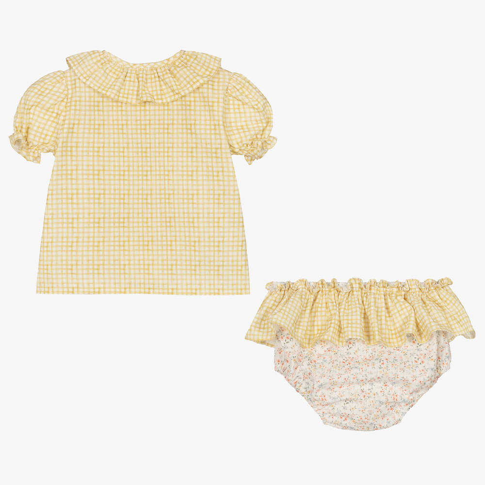 Paloma de la O-طقم شورت قطن كاروهات لون أصفر وأبيض | Childrensalon Outlet