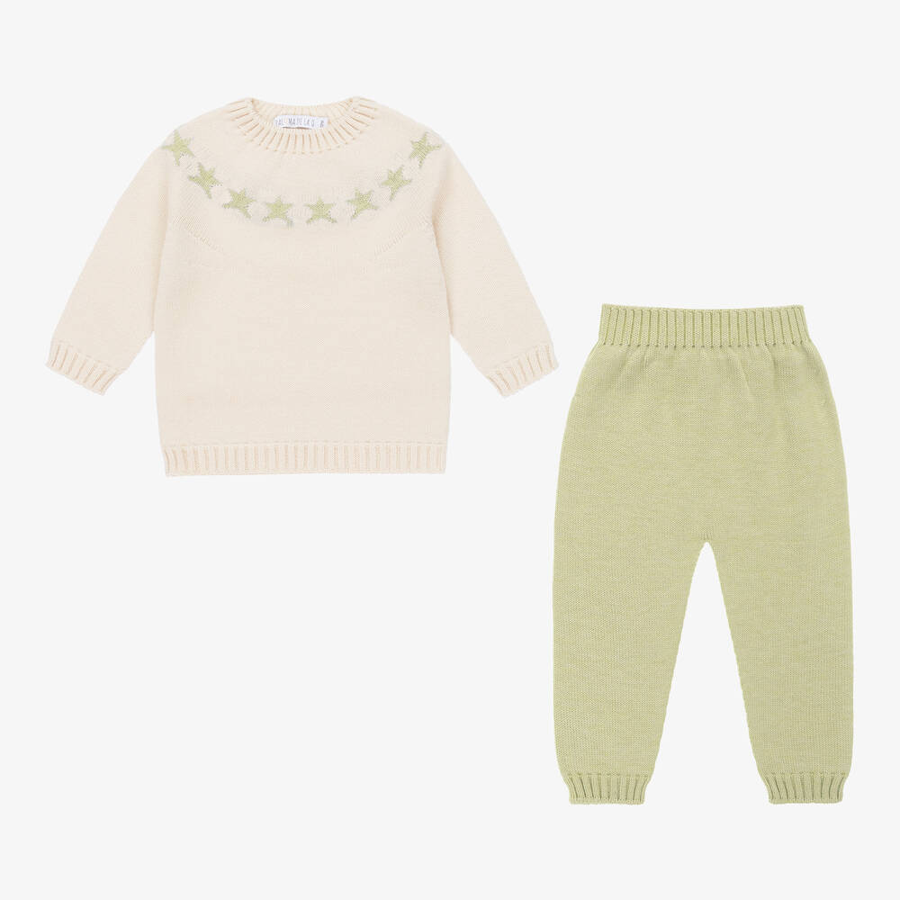 بالوما دي لا أو-طقم بنطلون صوف محبوك لون أخضر وعاجي للبنات | Childrensalon Outlet