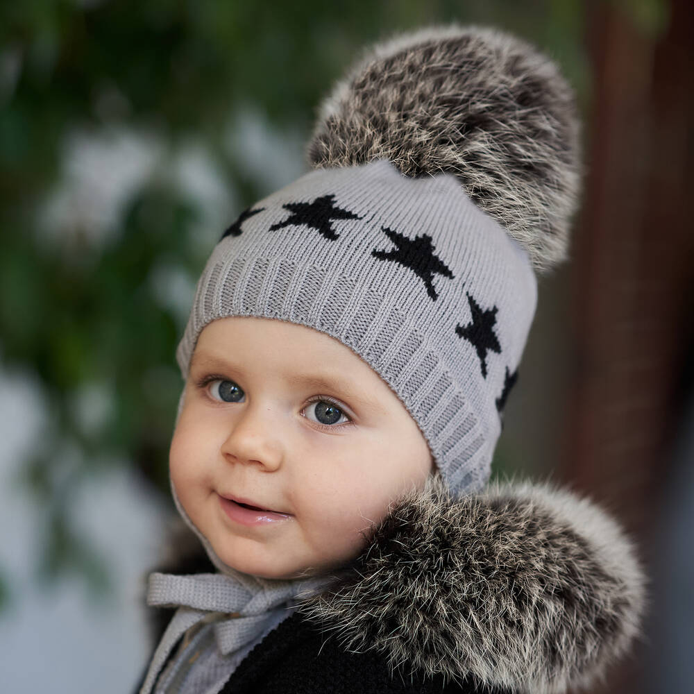 Paloma De La O Grey Black Pom Pom Hat Childrensalon Outlet paloma-de-la-o-grey-black-pom-pom-hat-childrensalon-outlet