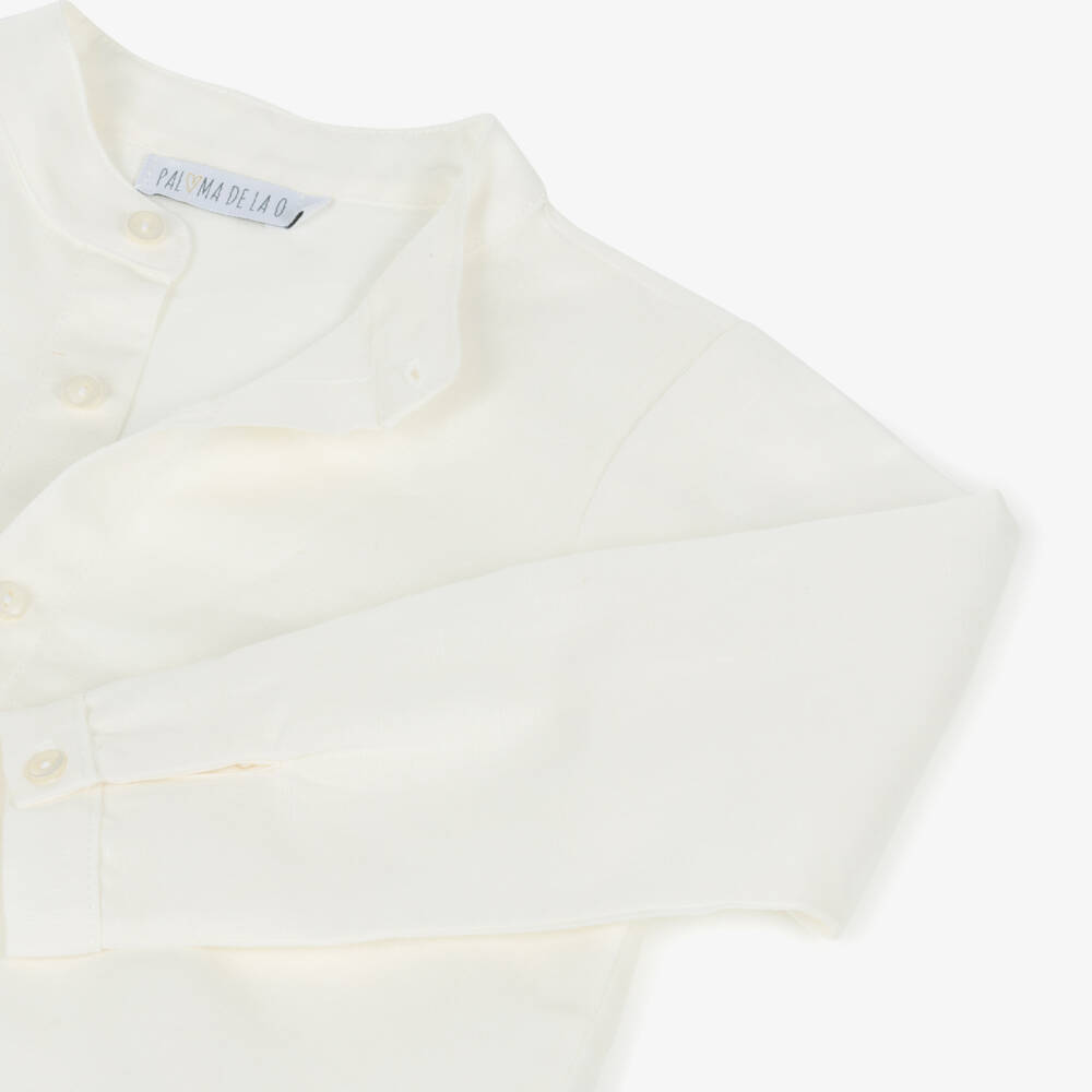 Paloma de la O-Ivory Collarless Linen Blend Top | Childrensalon Outlet