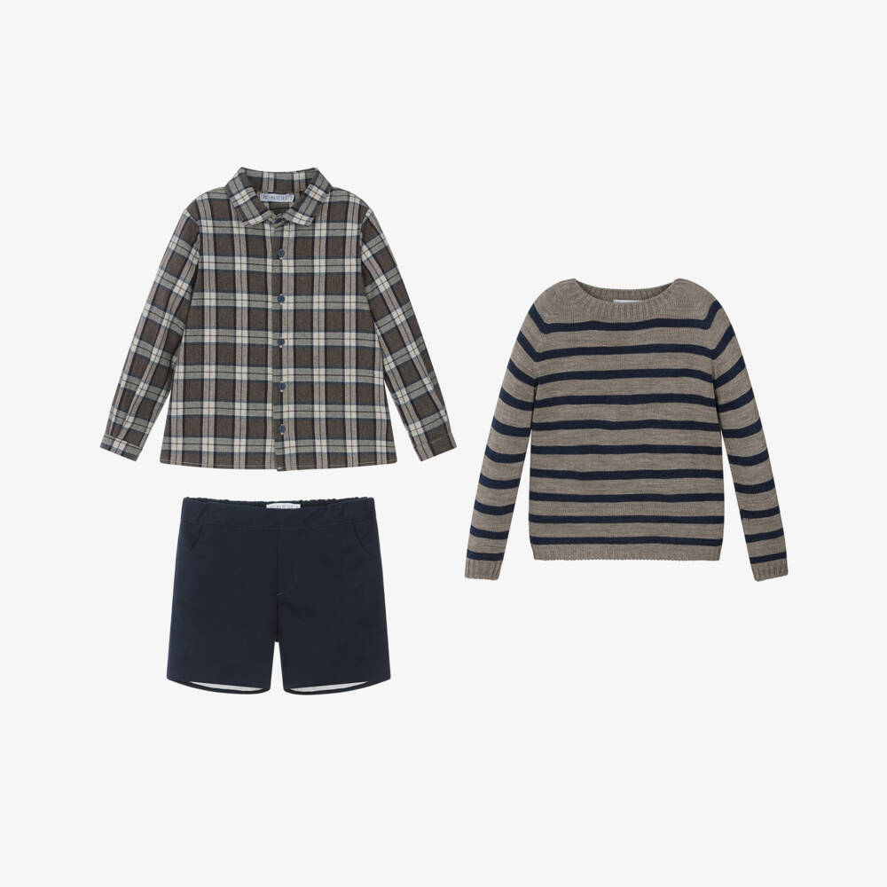 Paloma de la O-Navy Blue & Brown Cotton Shorts Set with Striped Sweater | Childrensalon Outlet