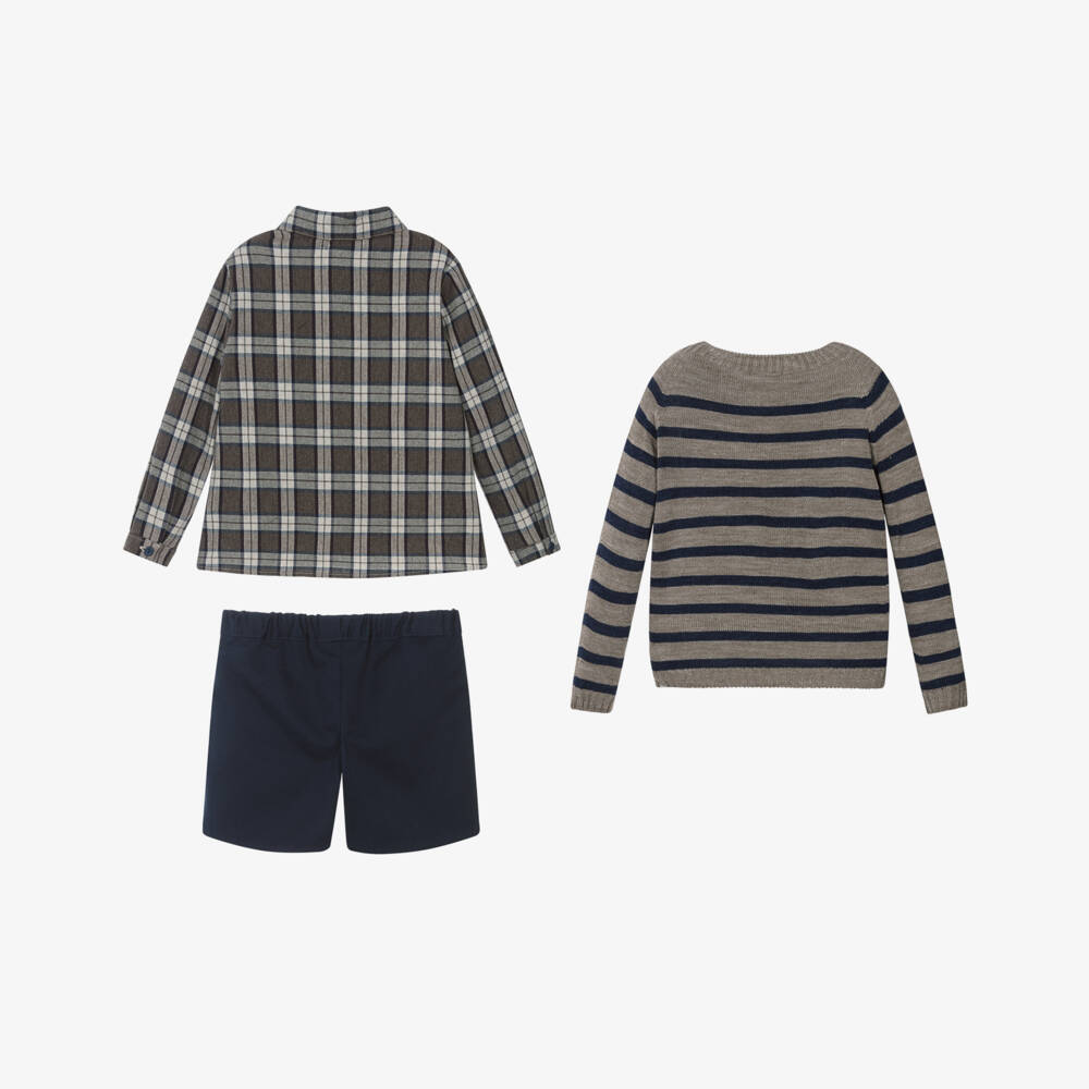 Paloma de la O-Navy Blue & Brown Cotton Shorts Set with Striped Sweater | Childrensalon Outlet