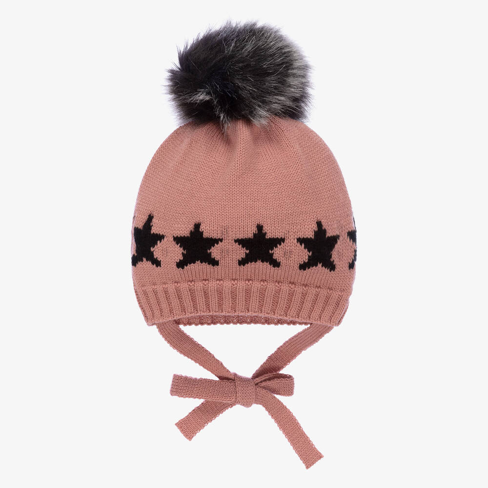 Black hat with pink pom pom hot sale