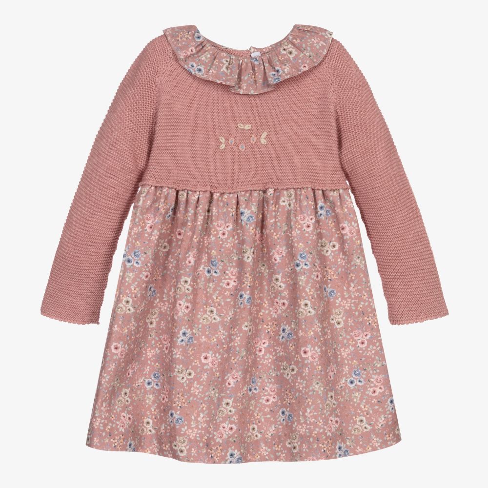 Paloma de la O-Pink Floral Wool Blend Dress  | Childrensalon Outlet