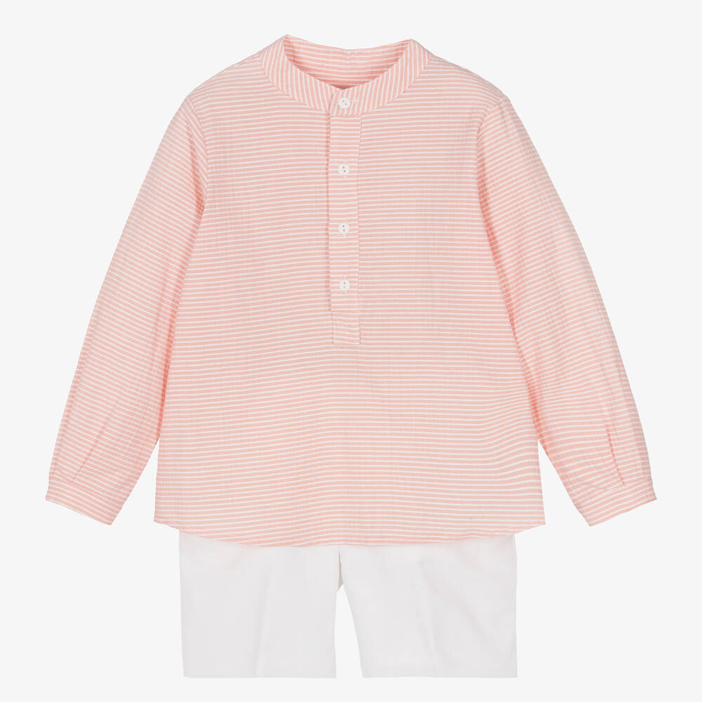 Paloma de la O - Pink & White Cotton Striped Shorts Set | Childrensalon