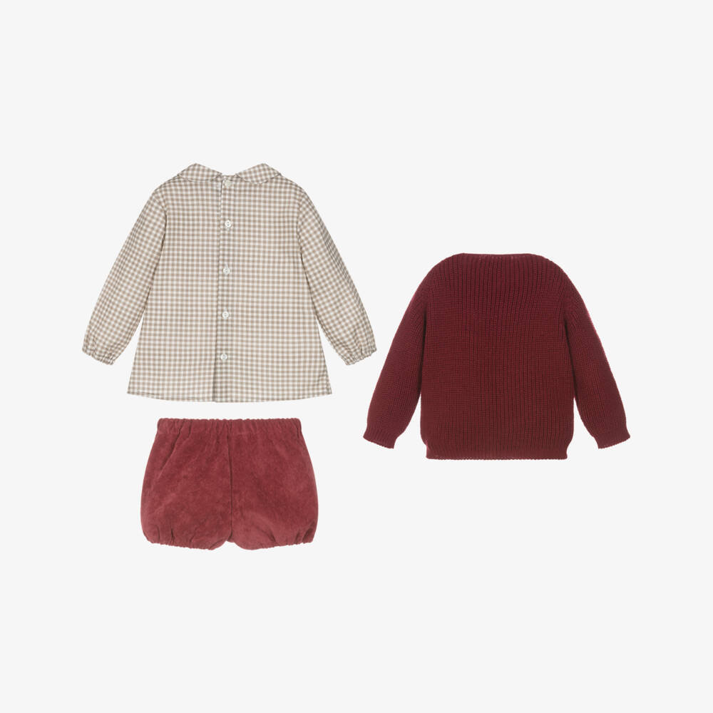 Paloma de la O-Red & Beige Shorts And Shirt & Cardigan Set | Childrensalon Outlet