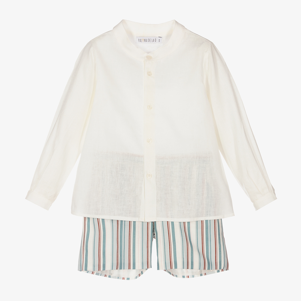 Paloma de la O - White & Blue Linen Shorts Set | Childrensalon