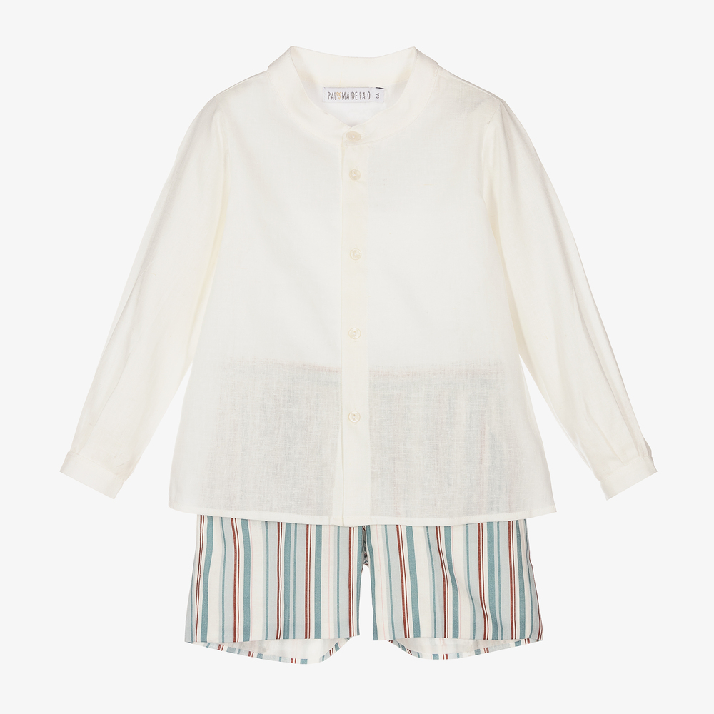 Paloma de la O - Ens. short blanc/bleu en lin | Childrensalon