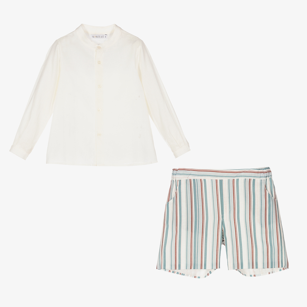 Paloma de la O-White & Blue Linen Shorts Set | Childrensalon Outlet