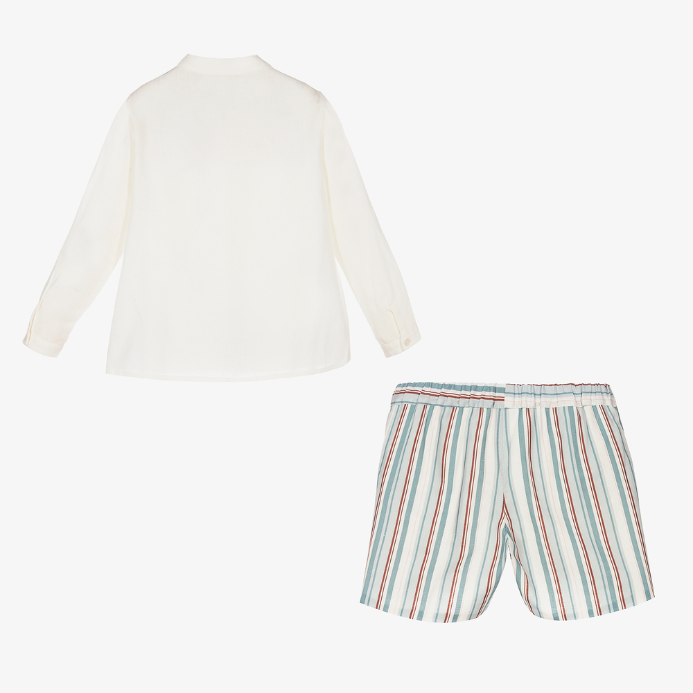 Paloma de la O-White & Blue Linen Shorts Set | Childrensalon Outlet