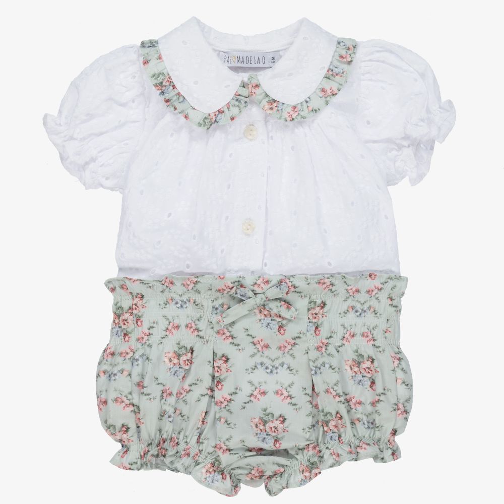 Paloma de la O - White & Green Baby Shorts Set | Childrensalon