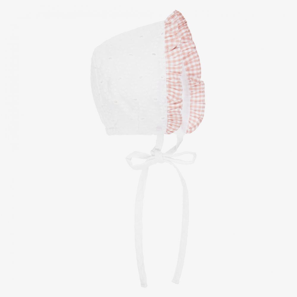 Paloma de la O - White & Pink Baby Bonnet | Childrensalon