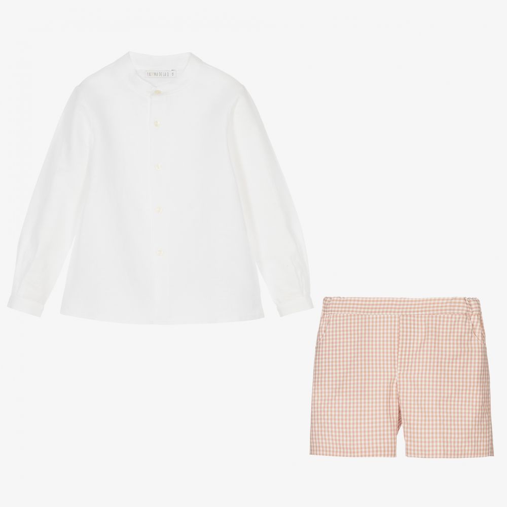 Paloma de la O-طقم شورت مزيج قطن وكتان لون أبيض وزهري للأولاد | Childrensalon Outlet