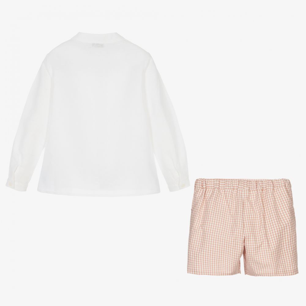 Paloma de la O-طقم شورت مزيج قطن وكتان لون أبيض وزهري للأولاد | Childrensalon Outlet