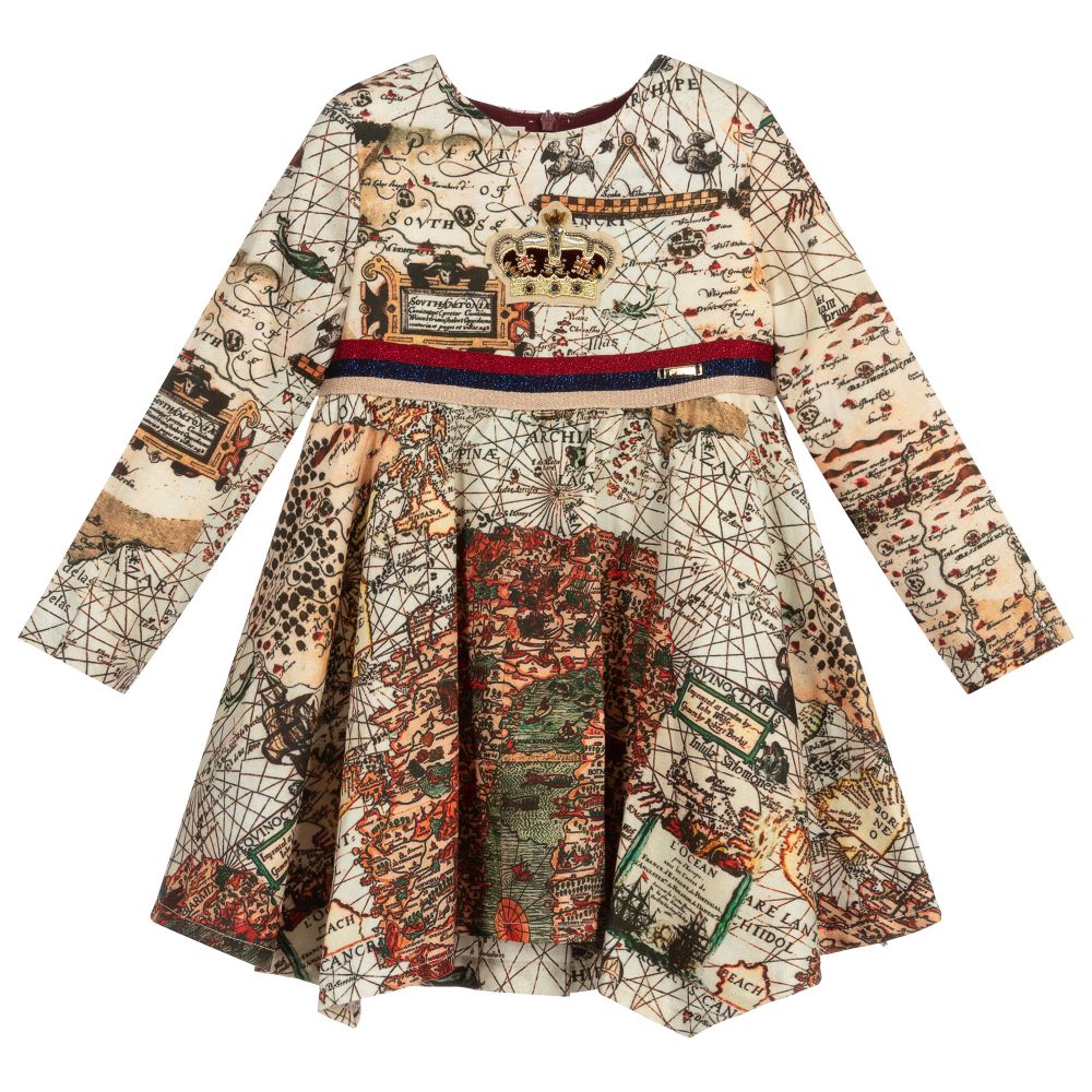 Pan Con Chocolate - Beige Cotton Map Print Dress | Childrensalon