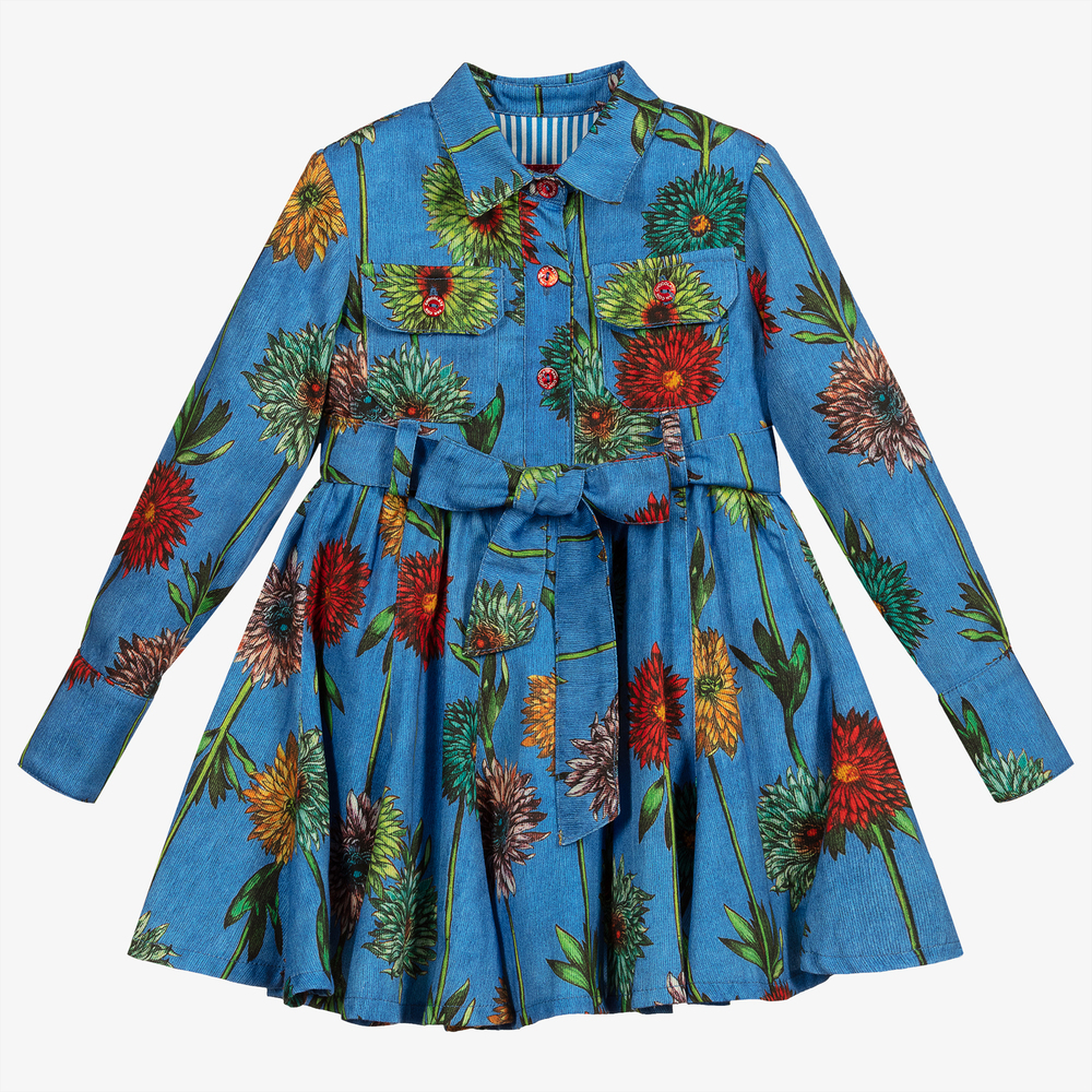 Pan Con Chocolate - Голубое хлопковое платье-рубашка с цветами | Childrensalon