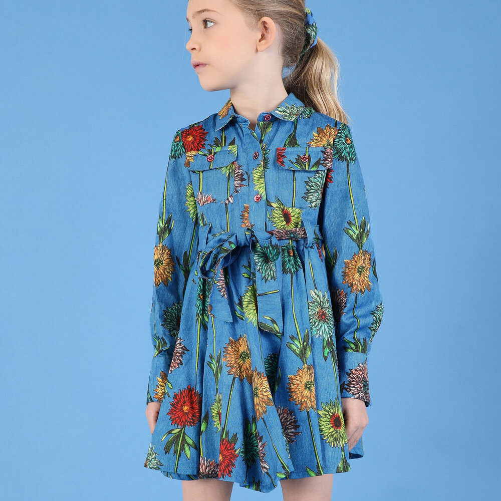Pan Con Chocolate-Blue Flower Cotton Shirt Dress | Childrensalon Outlet