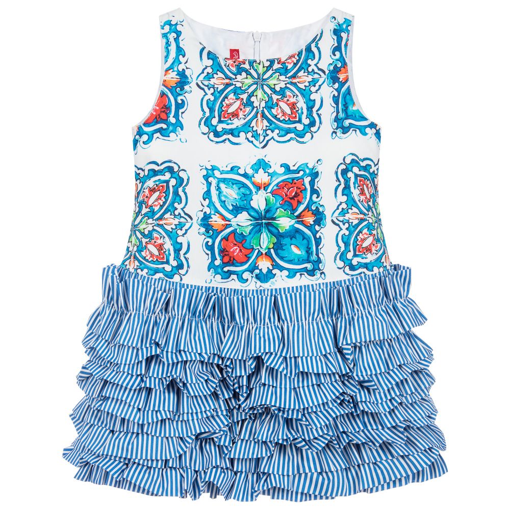 Pan Con Chocolate - Blue Tile Print Ruffle Dress  | Childrensalon
