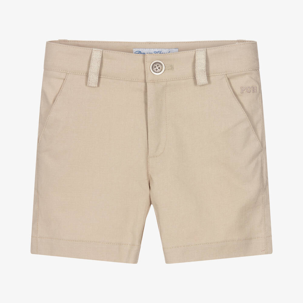 Pan Con Chocolate - Boys Beige Linen & Cotton Shorts | Childrensalon