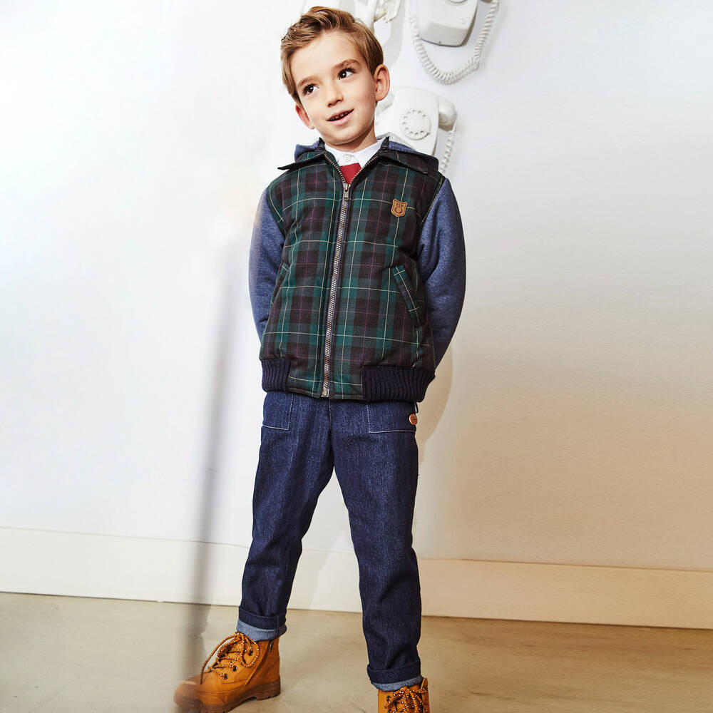 Pan Con Chocolate-جاكيت هودي مزيج قطن لون أزرق وأخضر للأولاد | Childrensalon Outlet