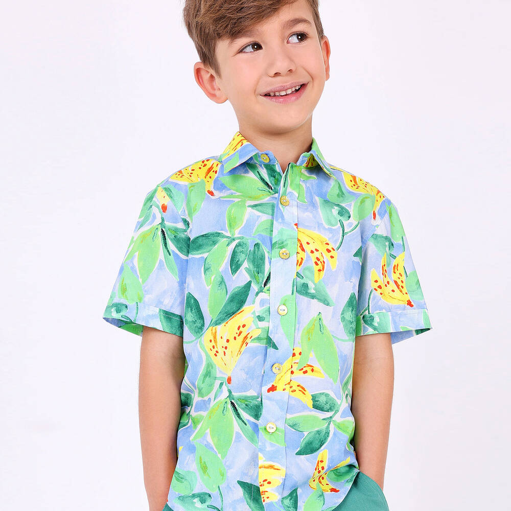 Pan Con Chocolate-Boys Blue Cotton Banana Print Shirt | Childrensalon Outlet
