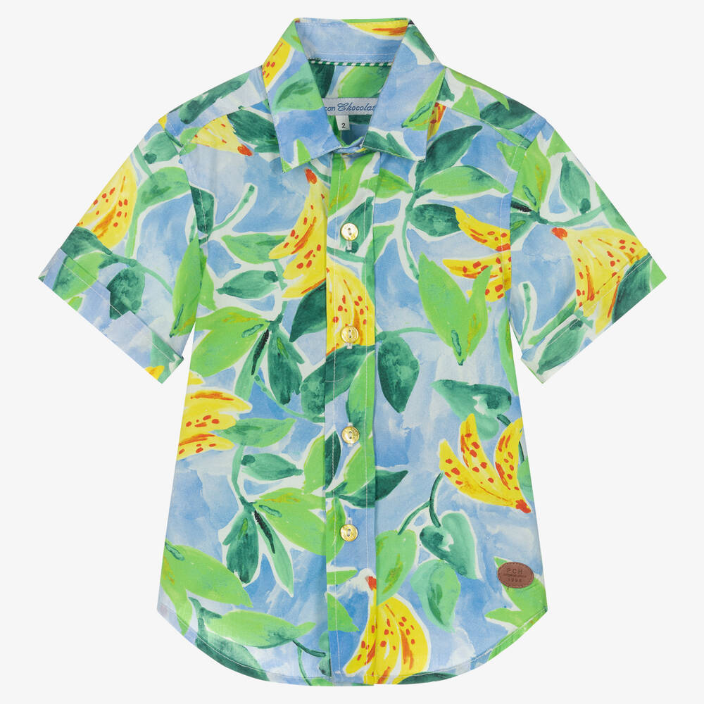 Pan Con Chocolate - Boys Blue Cotton Banana Print Shirt | Childrensalon