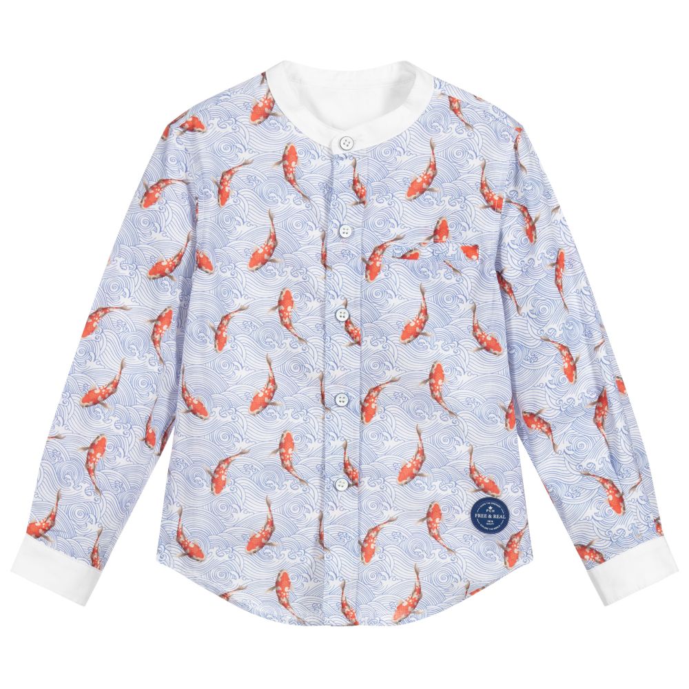 Pan Con Chocolate - Boys Blue Cotton Fish Shirt | Childrensalon