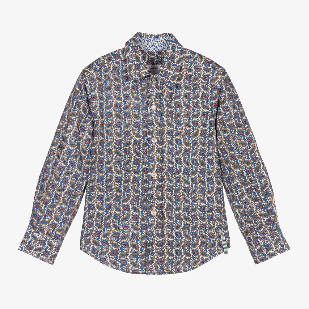 Pan Con Chocolate - Boys Blue Cotton Paisley Shirt | Childrensalon