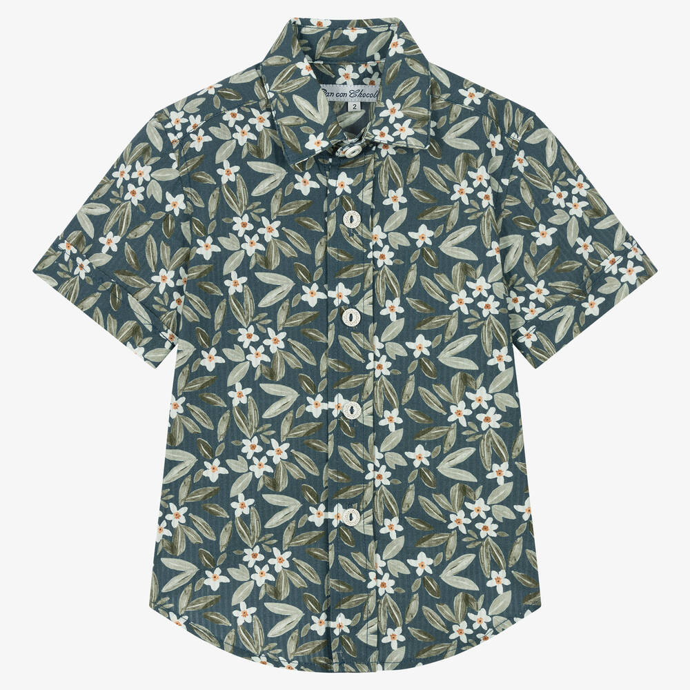 Pan Con Chocolate - Boys Blue Cotton Tropical Print Shirt | Childrensalon