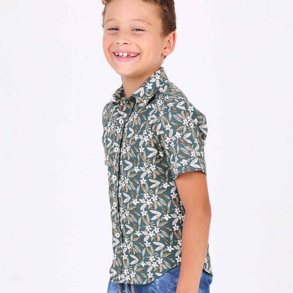 Pan Con Chocolate-Boys Blue Cotton Tropical Print Shirt | Childrensalon Outlet