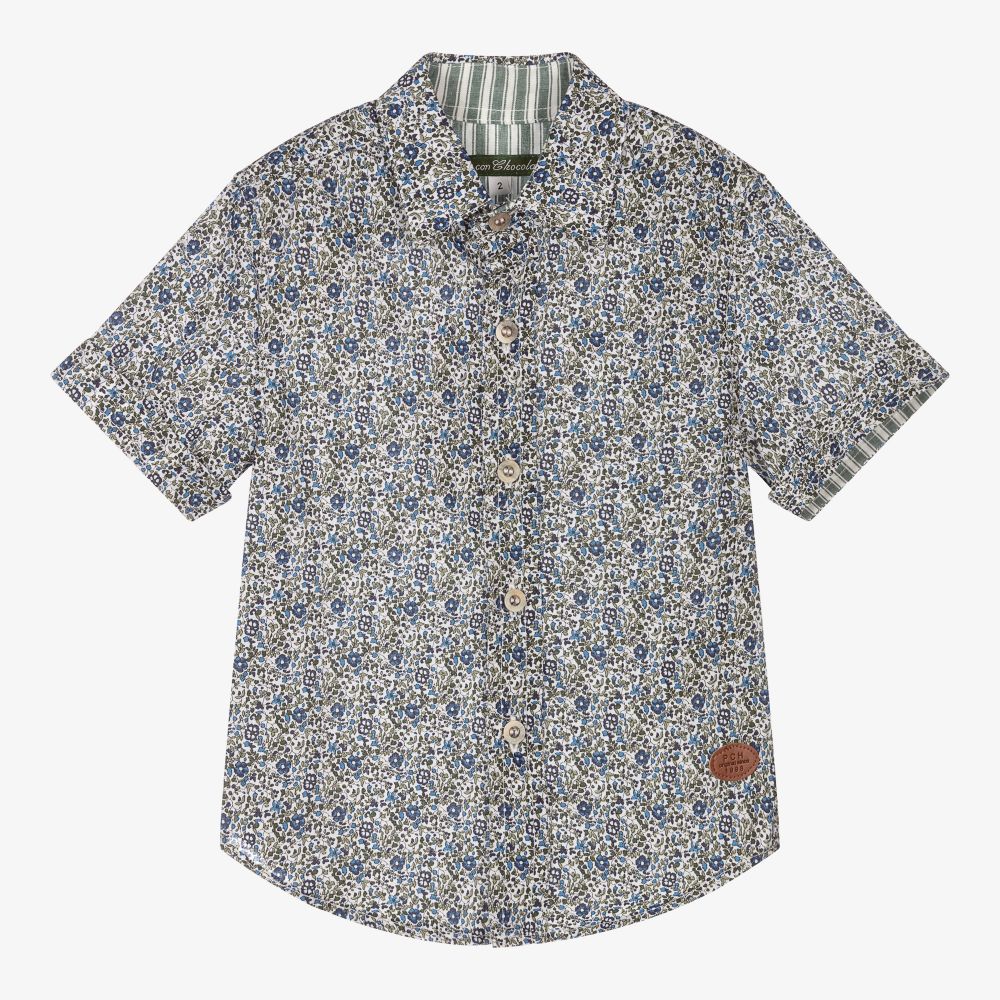 Pan Con Chocolate - Boys Blue Floral Cotton Shirt | Childrensalon