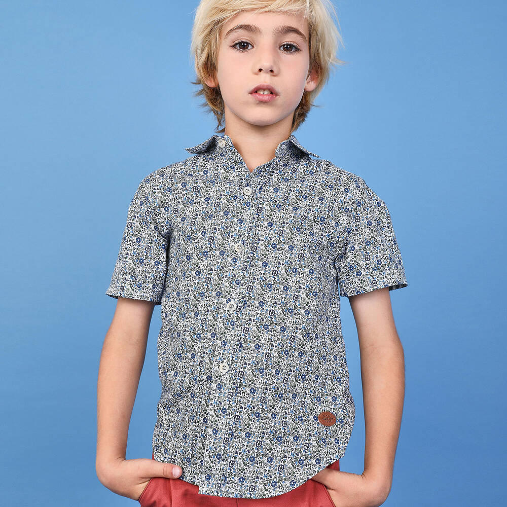 Pan Con Chocolate-قميص قطن بوبلين لون أزرق وعاجي بطبعة ورود للأولاد | Childrensalon Outlet