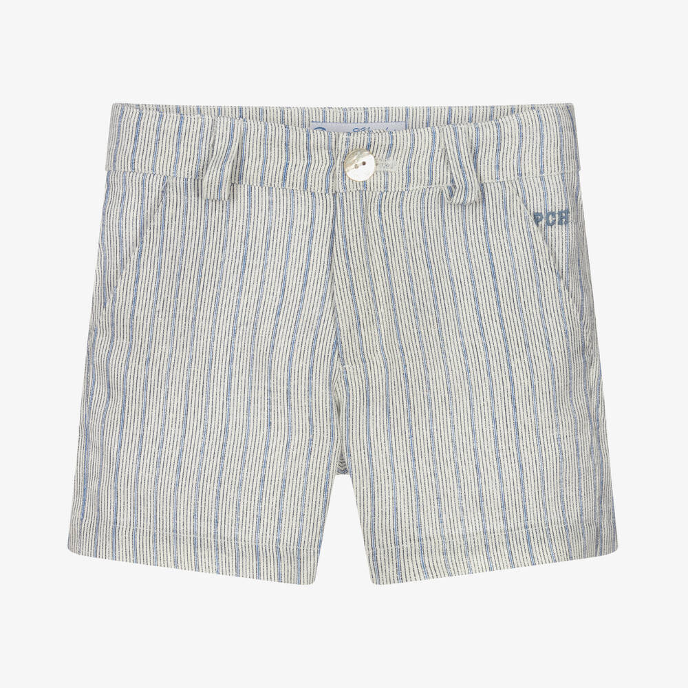 Pan Con Chocolate - Boys Blue Striped Linen Shorts | Childrensalon