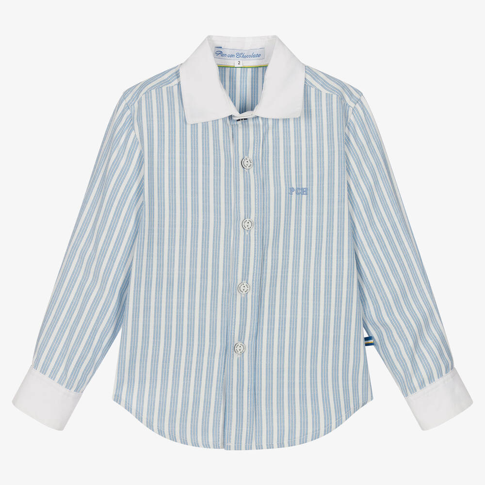 Pan Con Chocolate - Boys Blue & White Striped Cotton Shirt | Childrensalon