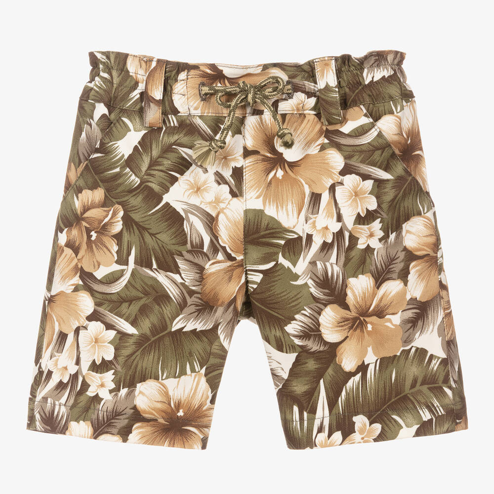 Pan Con Chocolate - Boys Green & Beige Tropical Print Shorts | Childrensalon