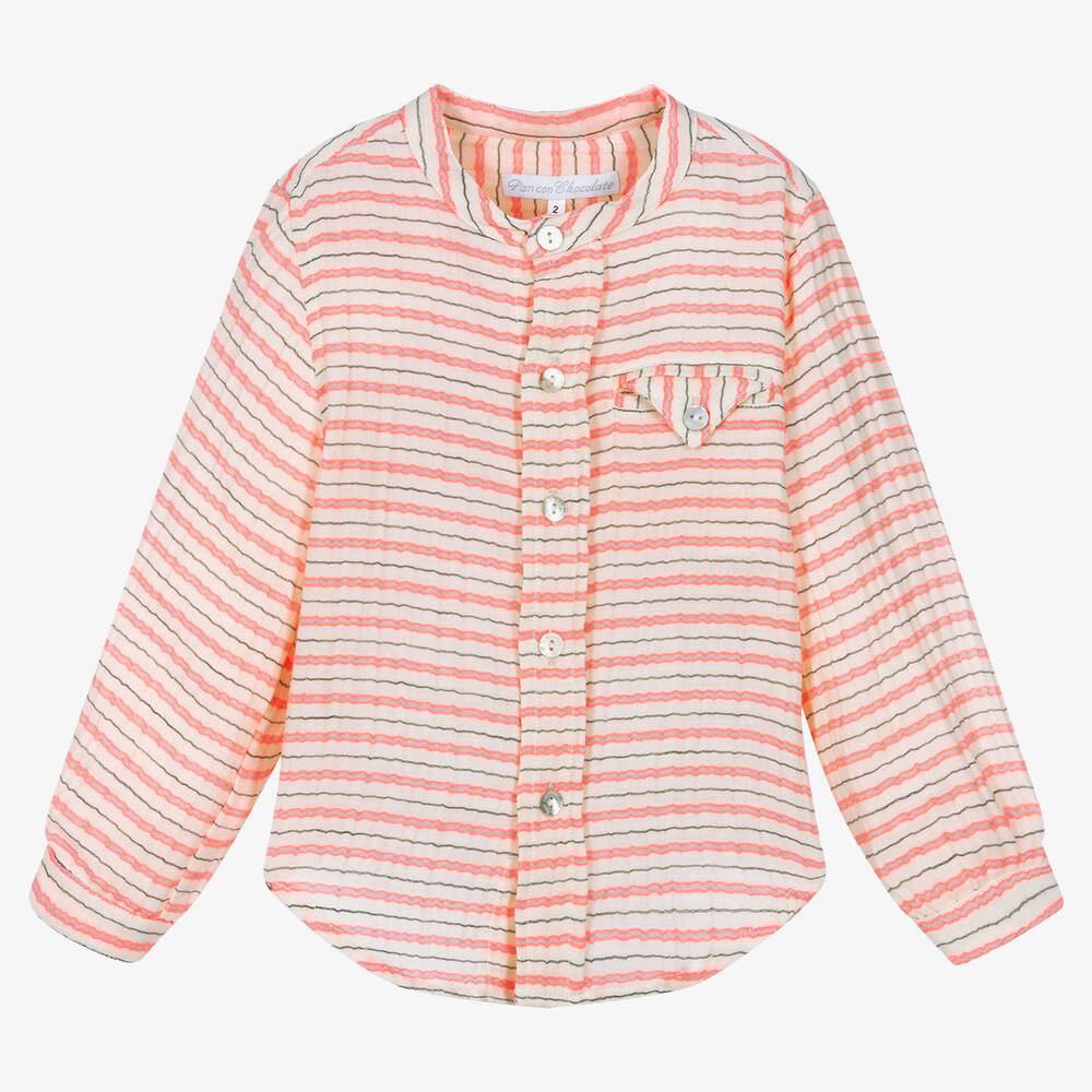 Pan Con Chocolate - Boys Ivory & Orange Striped Shirt | Childrensalon