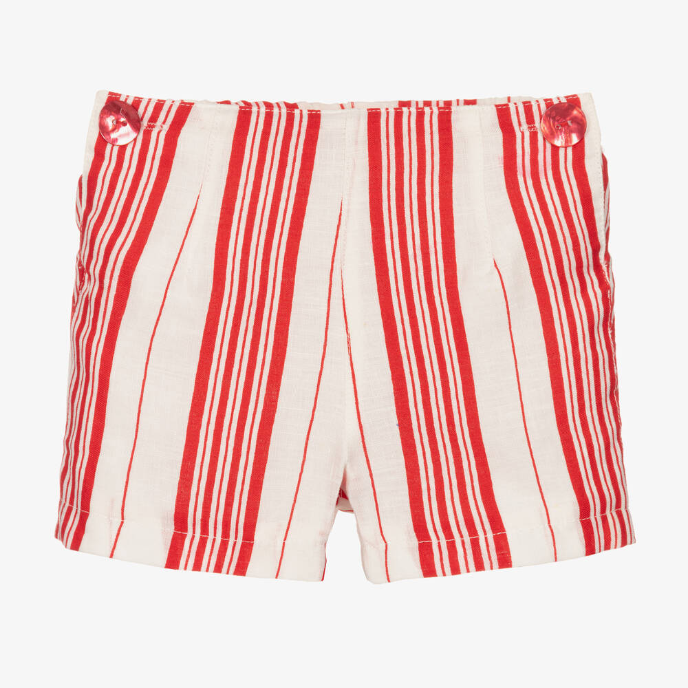 Pan Con Chocolate - Boys Red & Ivory Cotton & Linen Shorts | Childrensalon