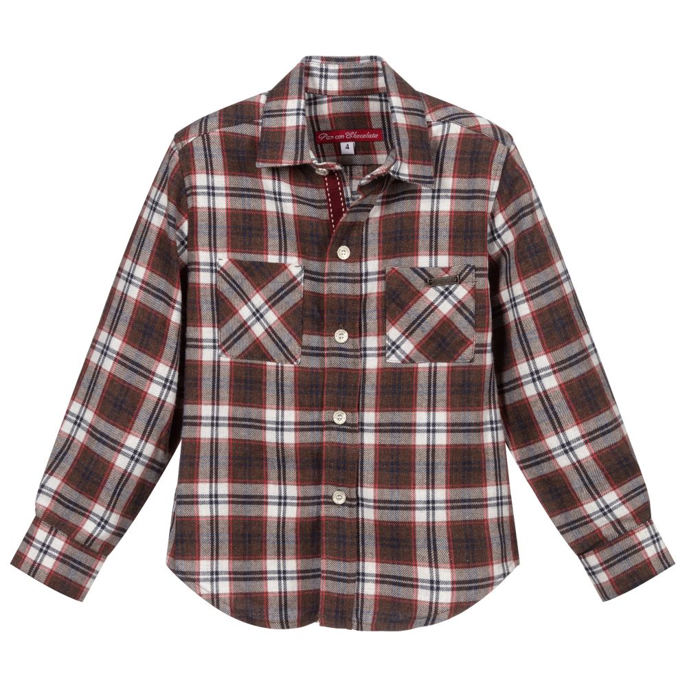Pan Con Chocolate-Brown Cotton Checked Shirt | Childrensalon Outlet