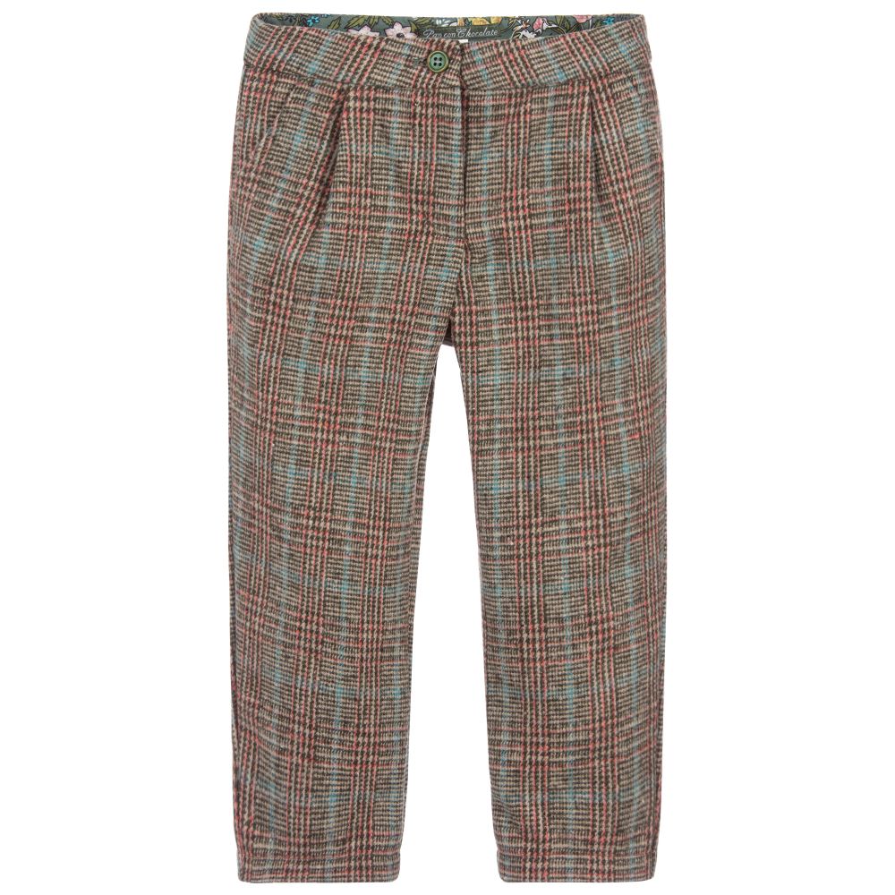 Pan Con Chocolate - Brown & Green Checked Trousers | Childrensalon