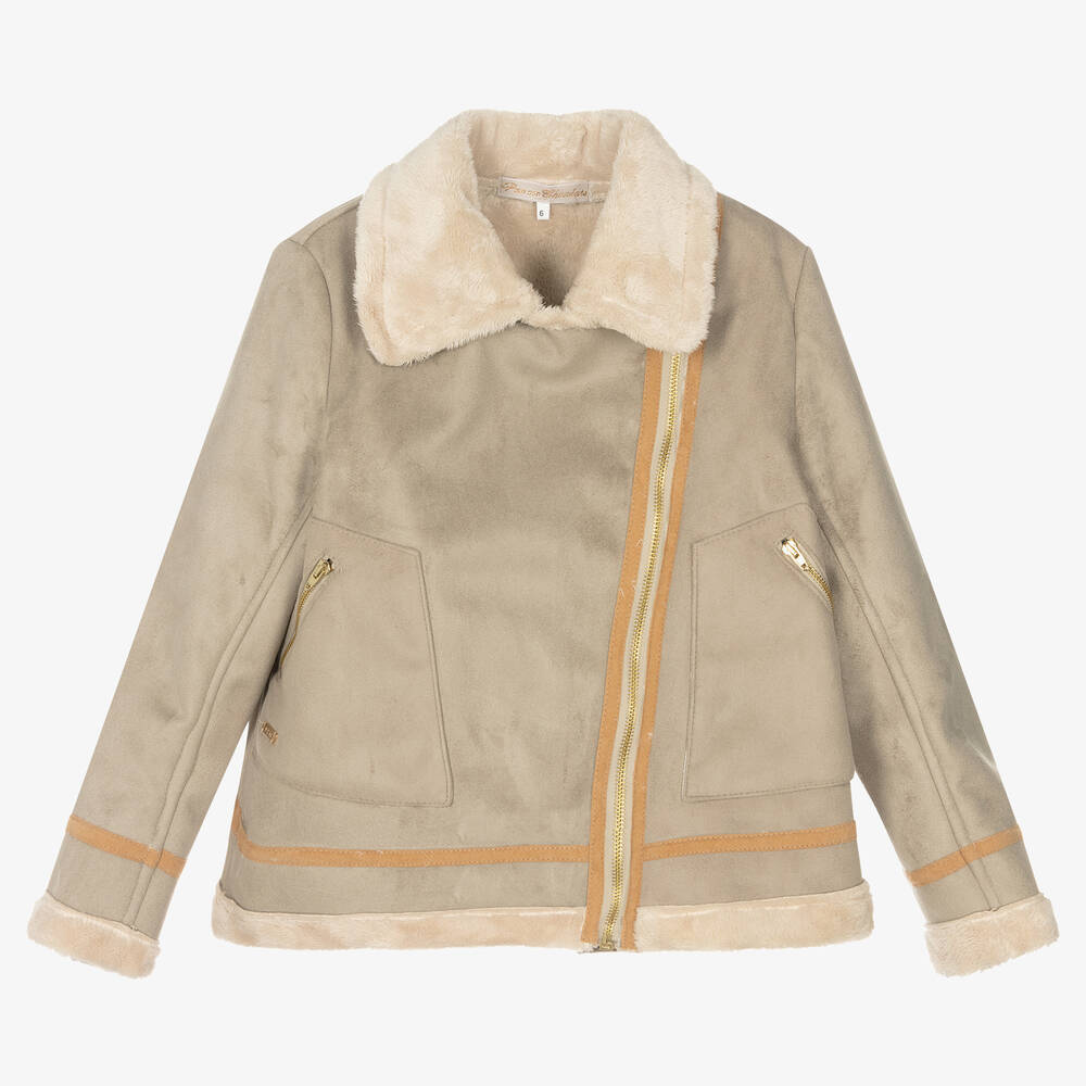 Pan Con Chocolate-Girls Beige Suedette Jacket | Childrensalon Outlet