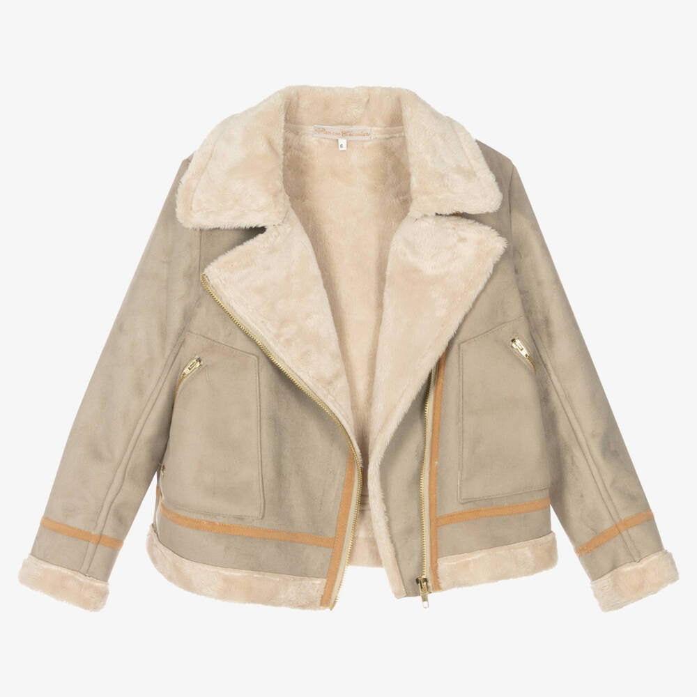 Pan Con Chocolate-Girls Beige Suedette Jacket | Childrensalon Outlet
