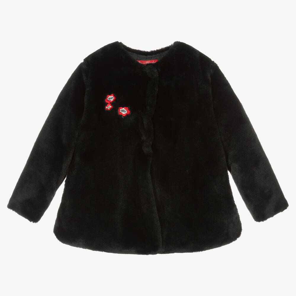 Pan Con Chocolate - Girls Black Faux Fur Coat | Childrensalon